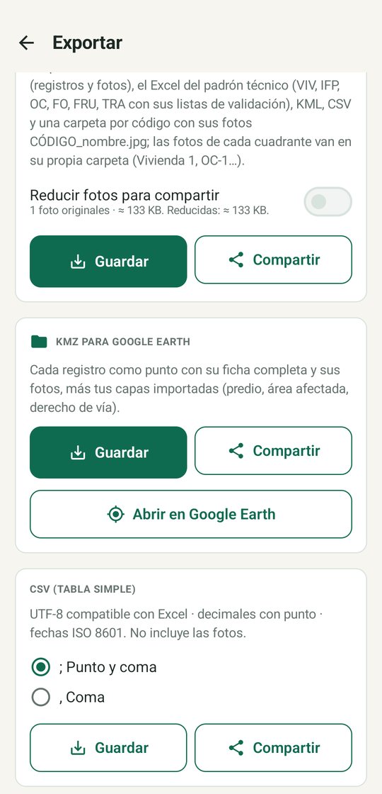 Opciones de KMZ y CSV
