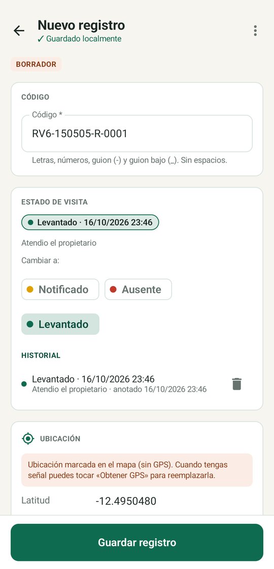 Ficha del registro con código, estado de visita y ubicación