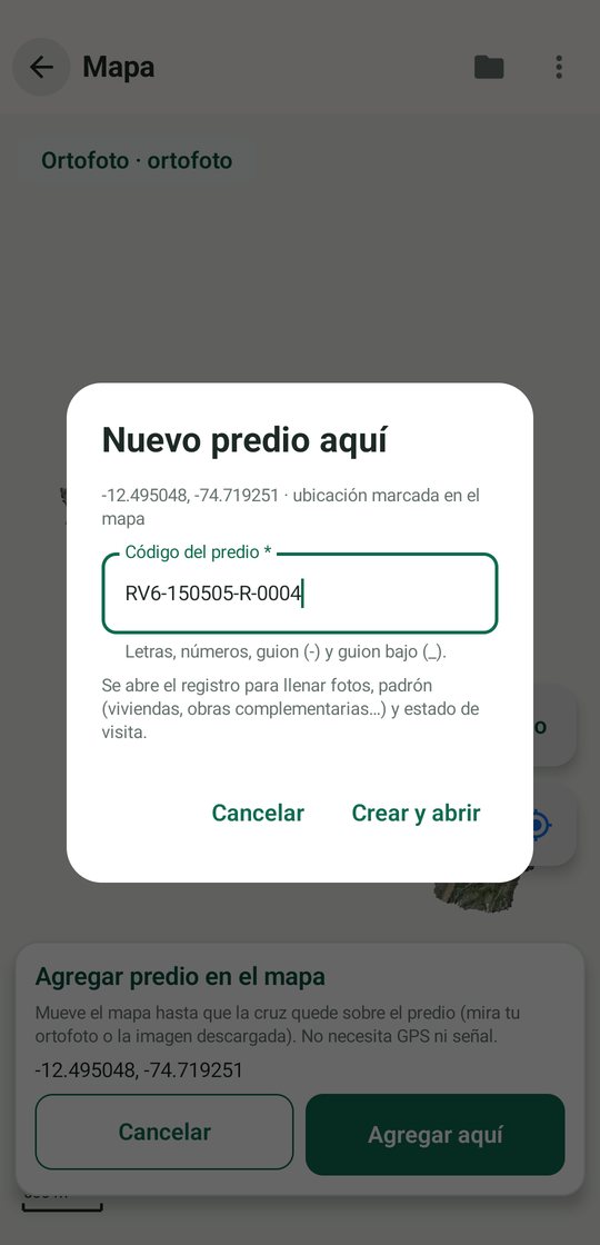 Ventana para escribir el código del predio nuevo