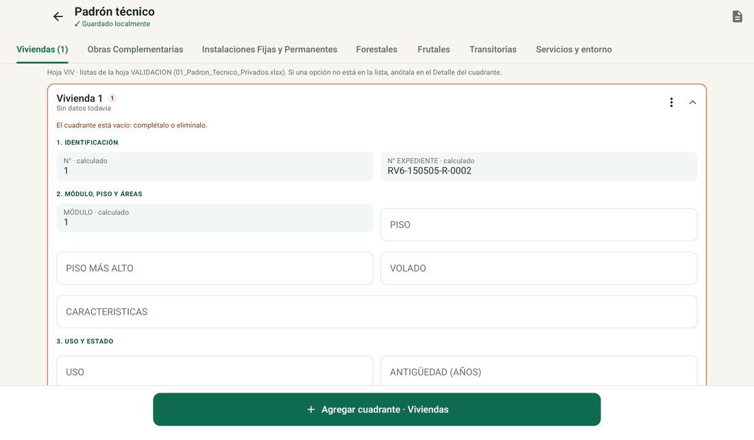 Padrón técnico en dos columnas en tablet