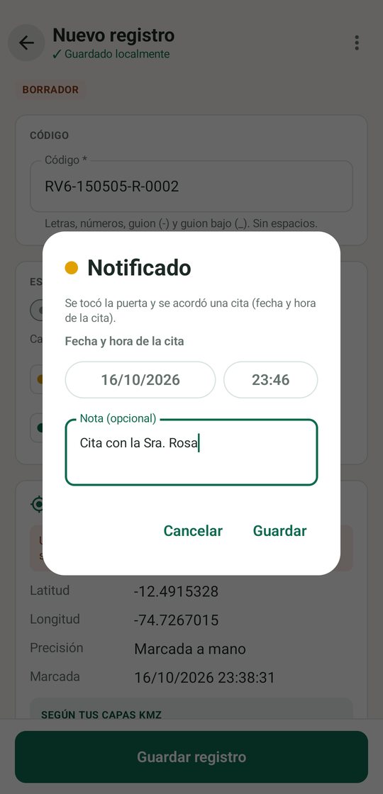Ventana para anotar el estado con fecha, hora y nota